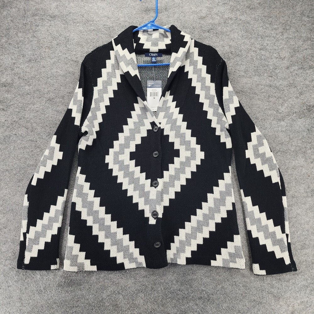 Chaps Sweater Cardigan Womens Medium Button Front Long Sleeve Black Gray